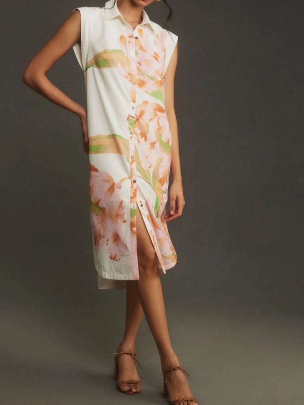 Maeve White Sleeveless Midi Shirt Dress with Peach Floral Print XXS